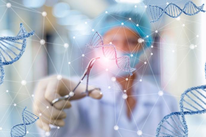 A lab scientist, clad in lab attire, is depicted extracting nucleic acid by slicing a segment of a DNA helix.