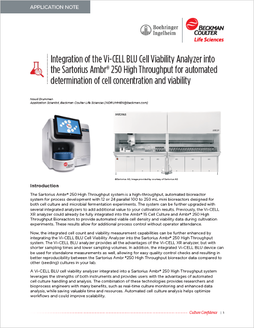 Integration Comparative Analysis of Online and Offline Cell Viability in Sartorius Ambr® 250 High Throughput Bioreactor Using Vi-CELL BLU Analyzer concentration application note