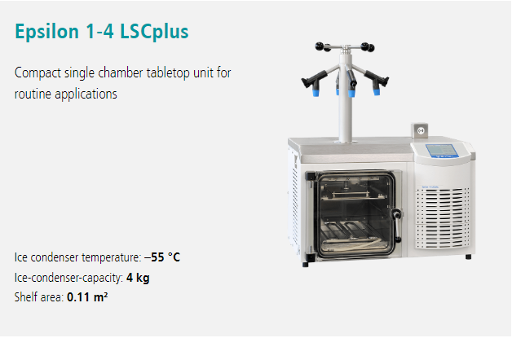 Epsilon 1-4 LSCplus Martin Christ Epsilon 1-4 LSCplus freezedryer with compact single chamber tabletop unit for routine applications