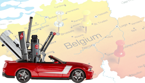 Trimos Belgium Analis Roadshow car full of Trimos devices with Belgium map at the back