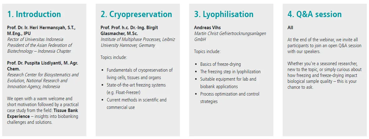 Webinar program overviewFreezing and Lyophilisation of Living Biological Material