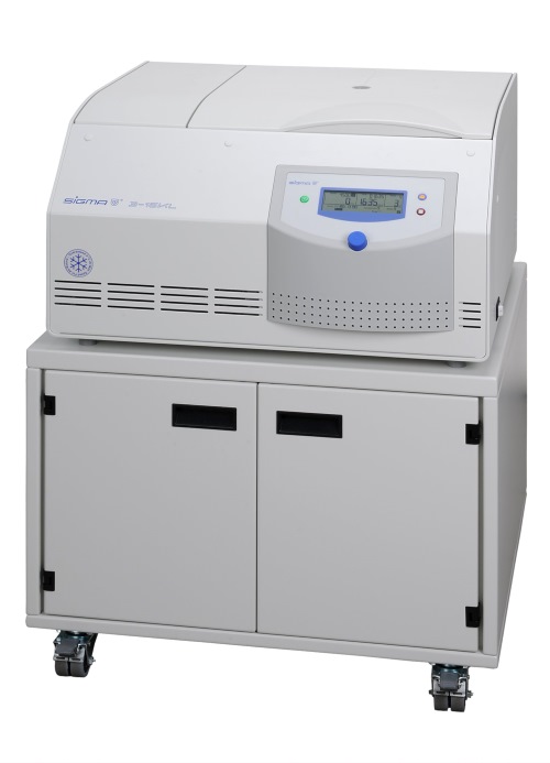Sigma 3-16KL refrigerated tabletop centrifuge on centrifuge cabinet 17926 - closed