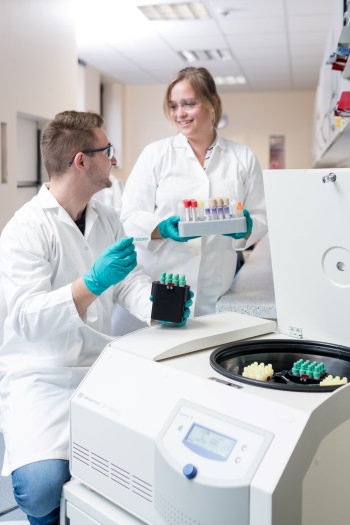 Scientists loading Sigma 3-16KL refrigerated tabletop centrifuge with blood collection tubes