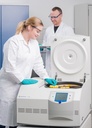 Scientists loading conical tubes into a Sigma 4-16KS compact performant refrigerated centrifuge