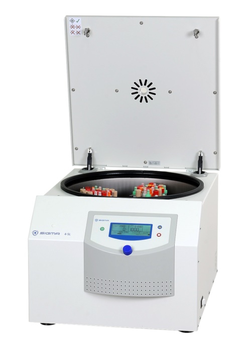 Sigma 4-5L open centrifuge with rotor loaded with blood collection tubes