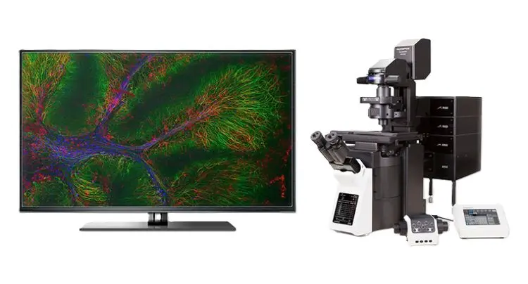 Front view of the FV4000 Confocal Microscope highlighting compact design and advanced laser head configuration.webp