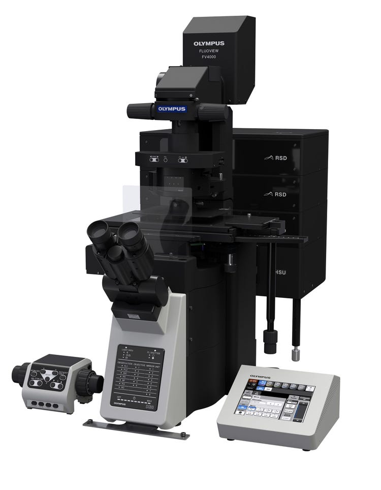 Illustration of FV4000's modular design with inverted microscope frame configurations for versatile applications.