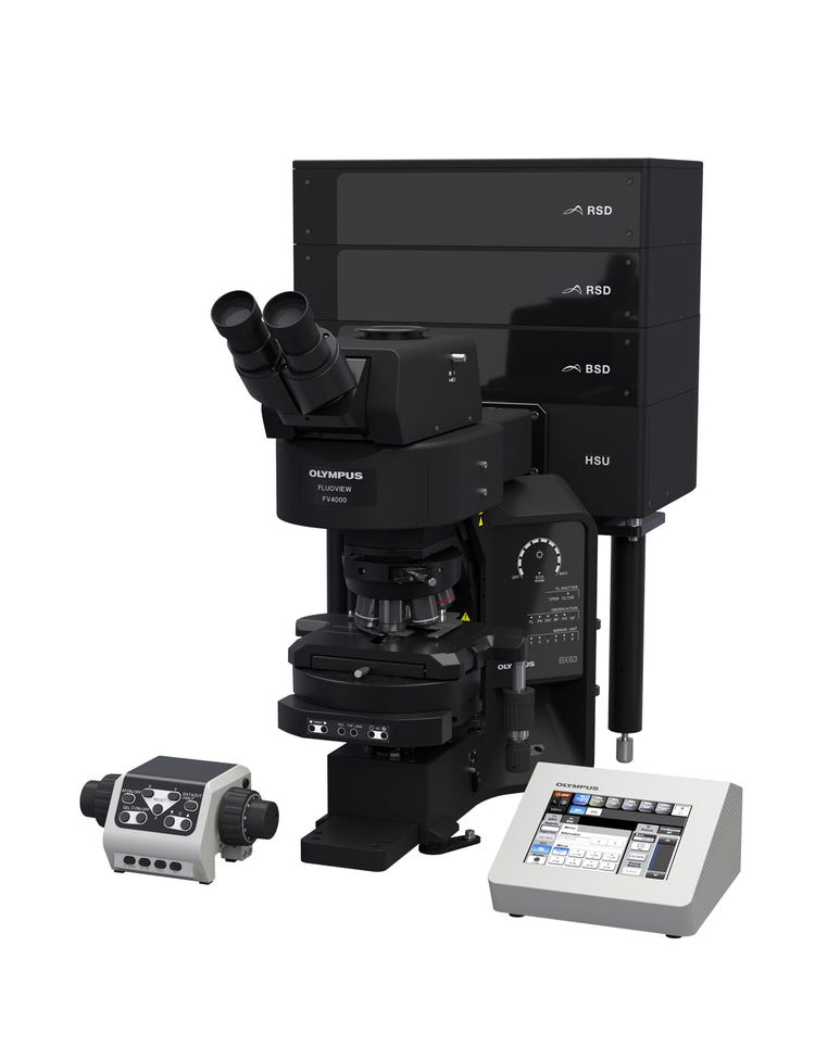 Illustration of FV4000's modular design with upright microscope for documentation configurations for versatile applications.