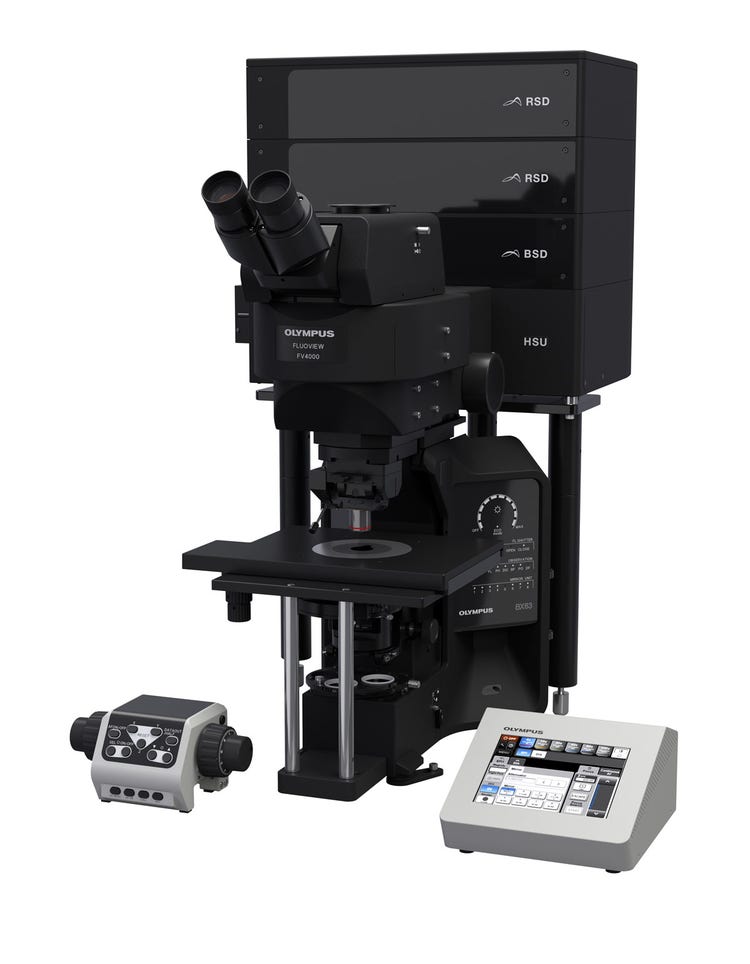 Illustration of FV4000's modular design with upright microscope frame for Electrophysiology configurations for versatile applications.