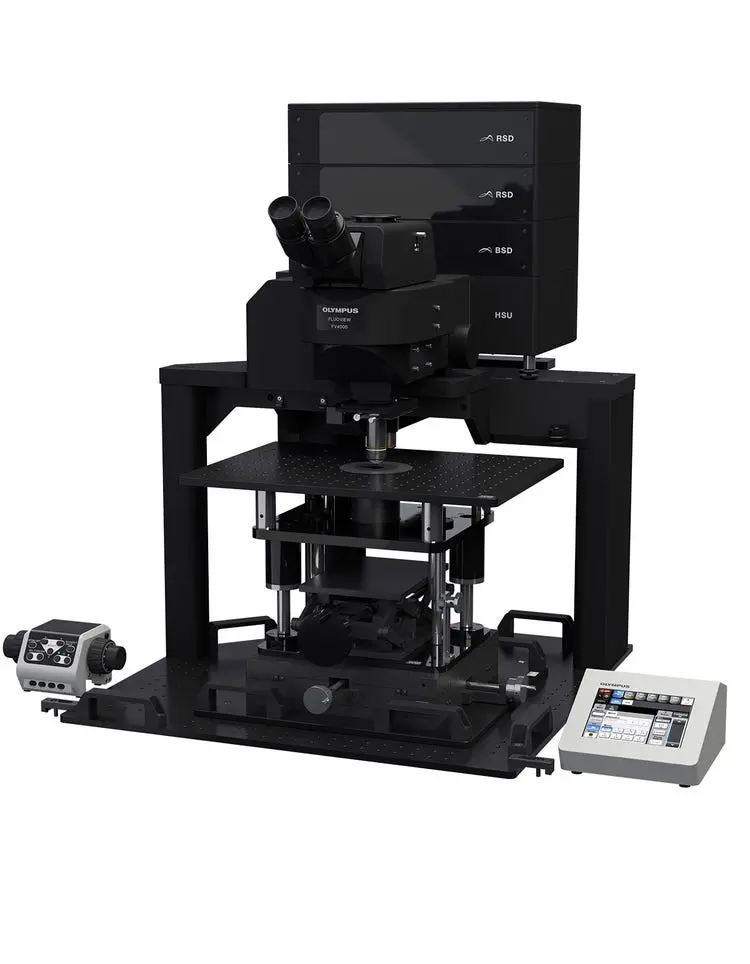 Illustration of FV4000's modular design with gantry microscope frame configurations for versatile applications.