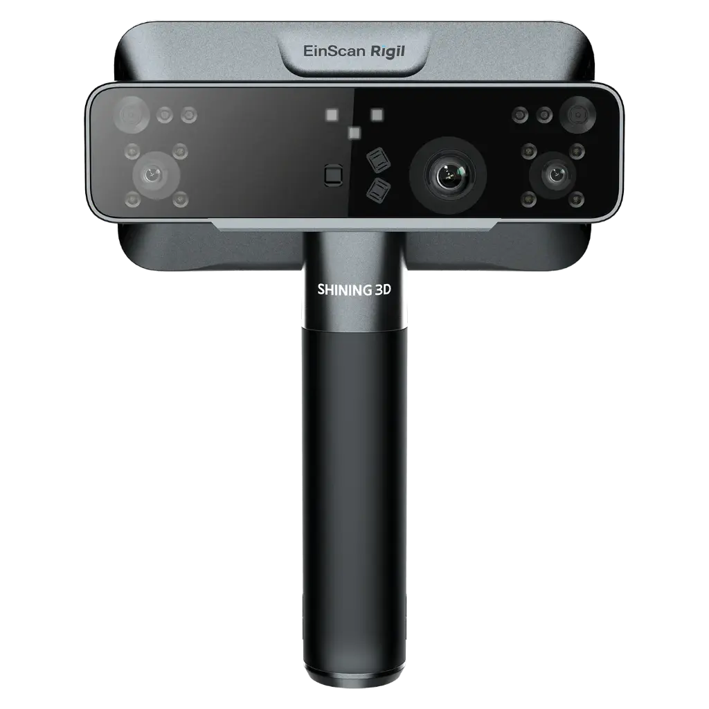 EinScan Rigil handheld 3D scanner held above a workshop table with engineering tools