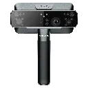 EinScan Rigil handheld 3D scanner held above a workshop table with engineering tools